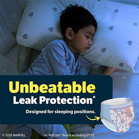 Boy sleeping on his side in bed with Goodnites® underwear shown alongside with title card stating: “Unbeatable Leak Protection* *vs Pull-Ups® Brand excluding 6T-7T, XS and S/M sizes only 