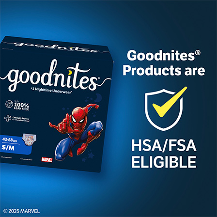 Goodnites® boys nighttime underwear package with Marvel Spiderman design and HSA FSA eligibility message.